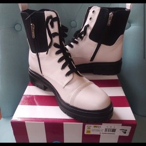 EUC Sam Edleman Combat Laced Zipper Mixed Textile White Black Moto Boot 10